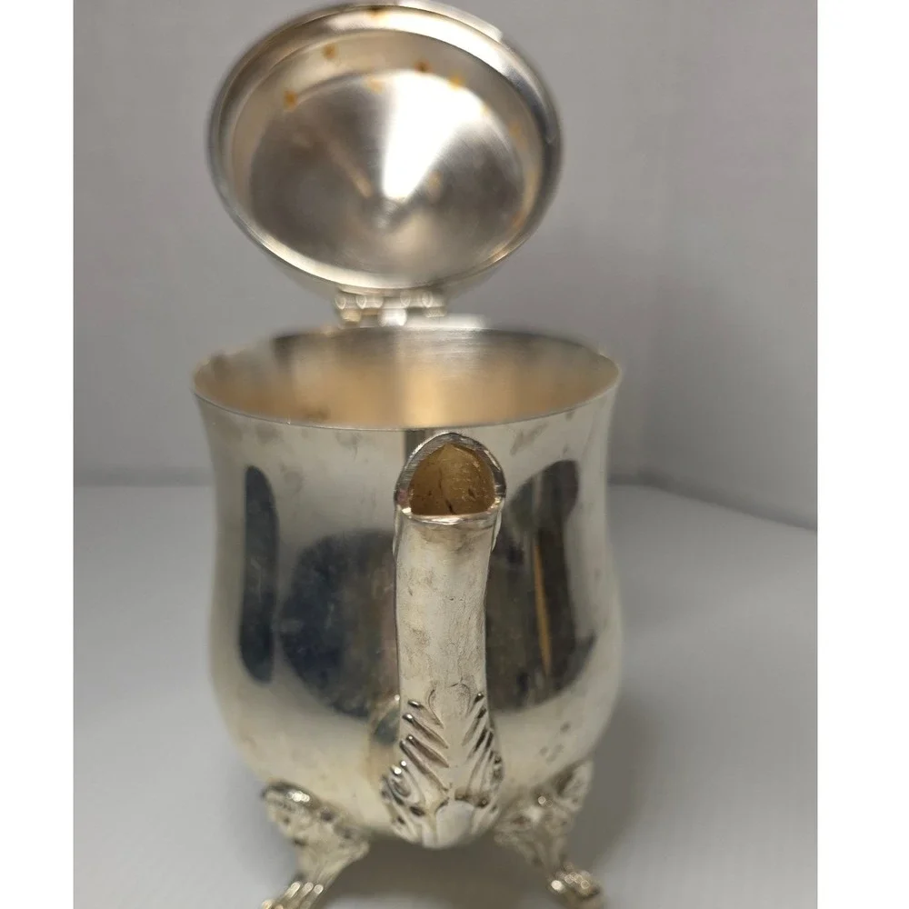 Vintage‎ Silver Plate Mini Teapot Creamer Ornate Footed Hinged Lid Unmarked